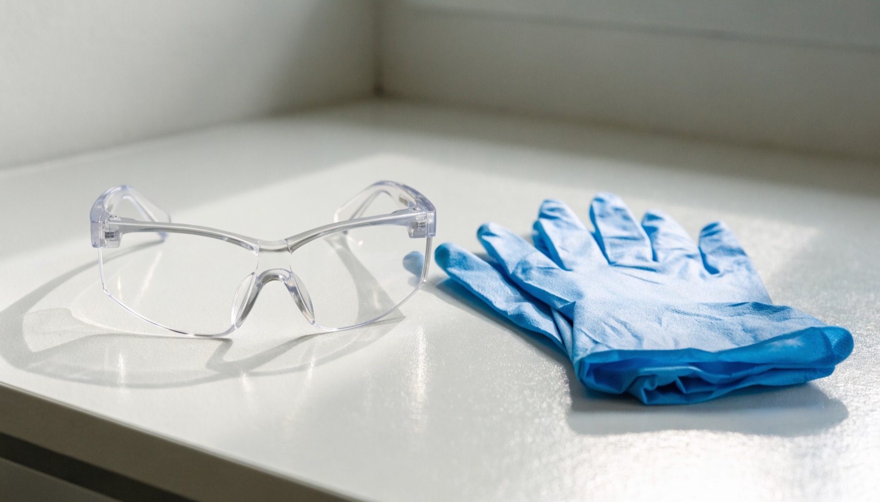 Clear safety glasses and a pair of blue nitrile gloves on a white bench